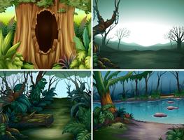 Cuatro escenas de bosque con arboles y rio. vector