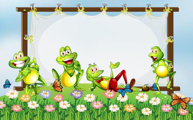 Frame design with green frogs in the garden