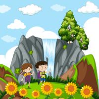 Children at the waterfall vector