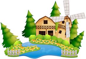 Farm scene with barn by the river vector