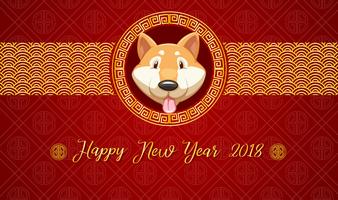 Plantilla de tarjeta de feliz año nuevo con perro sobre fondo rojo vector