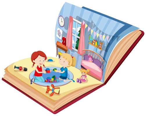 Girls playing in bedroom on the book