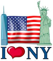 Me encanta el banner de Nueva York con bandera americana y edificios. vector