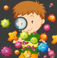 Boy looking at bacteria through magnifying glass vector