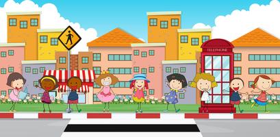 Happy children standing on sidewalk vector