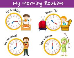 Morning routines for children with clock and activities vector