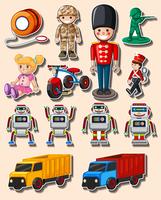 Sticker design with different toys and trucks vector