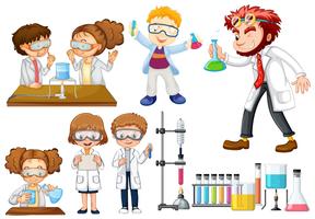 Many scientists and students doing experiments