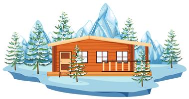 Wooden cottage in snow field vector
