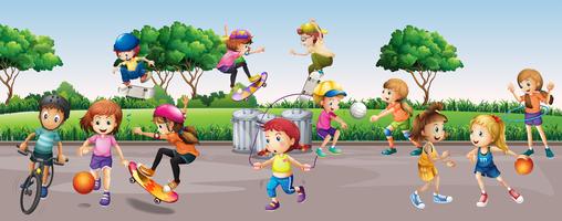 Many children playing in the park vector