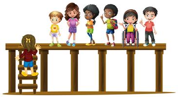 Children standing on wooden log vector