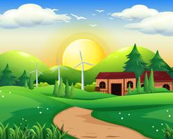 Scene with house and windmills vector