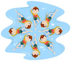 Chicas haciendo natación sincronizada en equipo. vector
