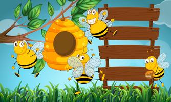 Scene with wooden boards and bee flying in garden