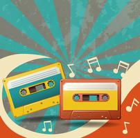 Two vintage tape cassettes and music notes vector