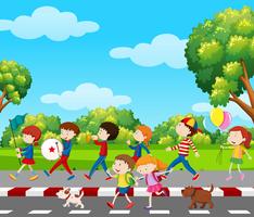 Children in band marching in park vector