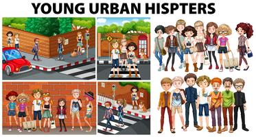 Escenas de ciudad y jóvenes hipsters urbanos. vector