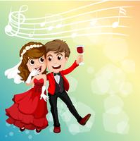 Wedding couple celebrating with music notes in background vector