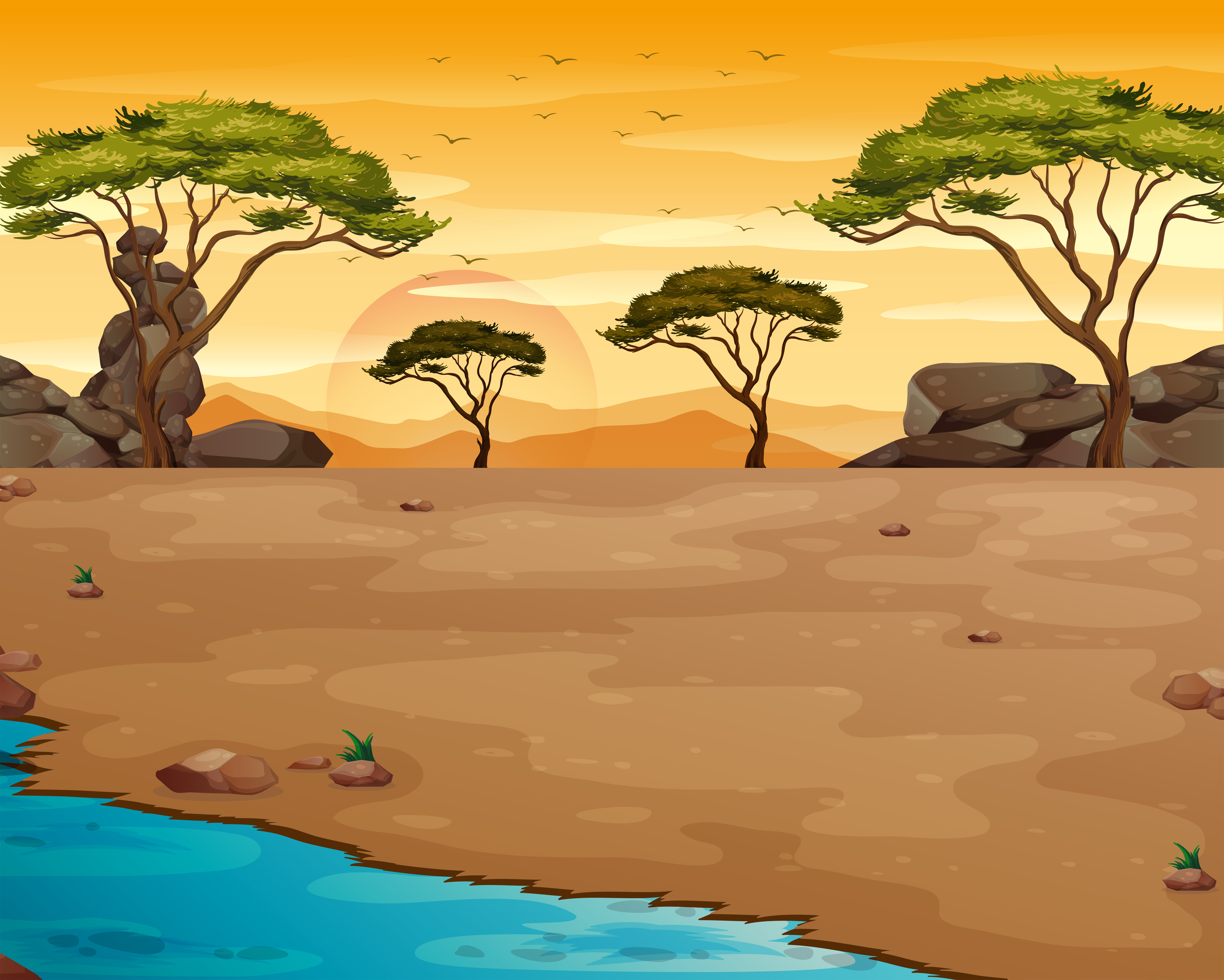 Fototapete Afrika Sonnenuntergang Gitaffe Orange Strasse Savanne Baum Sonne Himm