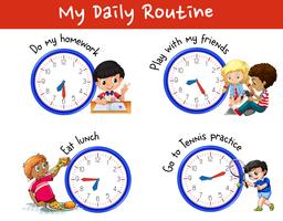 Daily routine of many children with clocks vector