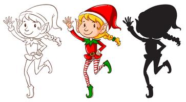 Sketches of an elf in three colors vector