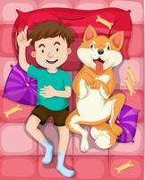 Boy and pet dog sleeping on bed vector