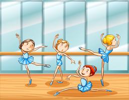 Cuatro bailarinas de ballet practican en la sala. vector