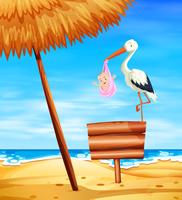 Stork baby delivering baby girl with ocean in background vector