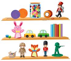 Toys and books on wooden shelves vector