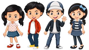 Cuatro niños asiáticos con cara feliz. vector