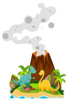 Two dinosaurs at the base of volcano vector