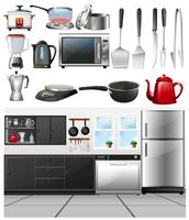 Kitchen room and different kitchen tools vector