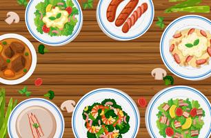 Different types of food on wooden board vector