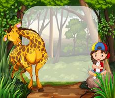 Niña y jirafa en el bosque vector