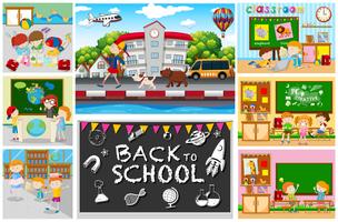 Back to school theme with kids in classrooms vector