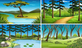 Cuatro escenas de bosque y rio. vector
