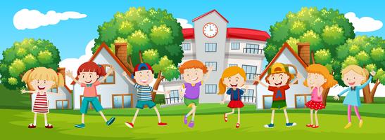 Happy children at school scene vector