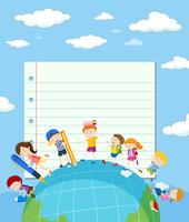 Line paper template with kids on earth vector