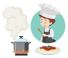 Cocinero y pote masculinos en estufa vector