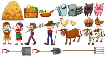 Agricultores con sus herramientas y animales. vector