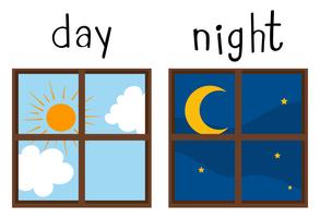 Wordcard opuesto para dia y noche. vector