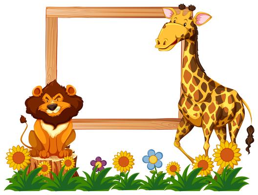 Wooden frame with giraffe and lion