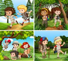 Children hiking in the woods vector