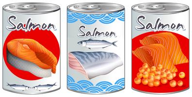 Diseño de tres alimentos enlatados para salmón. vector
