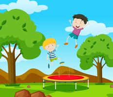 Two boys bouncing on trampoline in the park vector