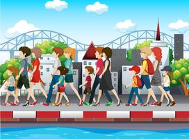 People walking on pavement in city vector