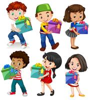 Boys and girls with present boxes vector