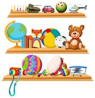 Toys and instruments on wooden shelves vector