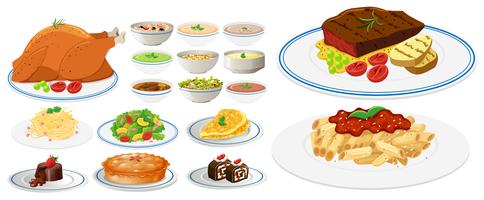Different types of food on plates vector