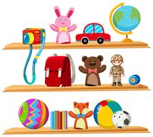 Toys and books on wooden shelves vector